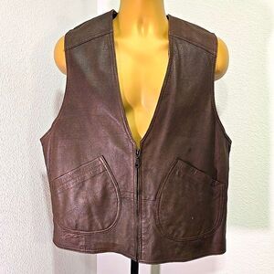 Leather Vest Mens Lge Brown Zip Pockets Canvas Back Pockets Casual Biker Western